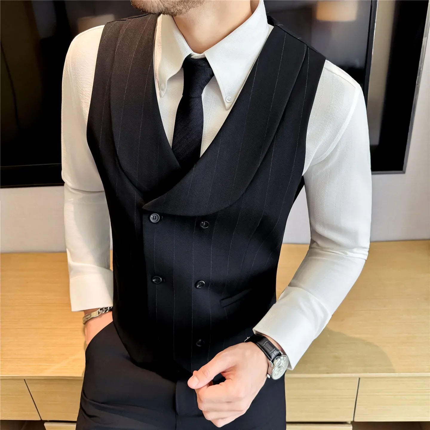 ( Vest+Pants) Autumn Winter Thicken Wool Striped Suit Vest 2 pieces Men Fashion Slim Fit Business Casual Wedding Dress Vest Sets
