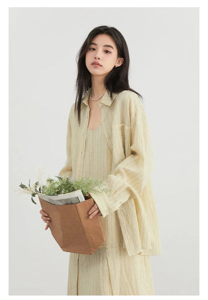 Women Dress Sets Stripe Shirt Loose Casual Long Sleeve Sunscreen Blouses Camisole V-neck Dresses Spring Autumn 2025