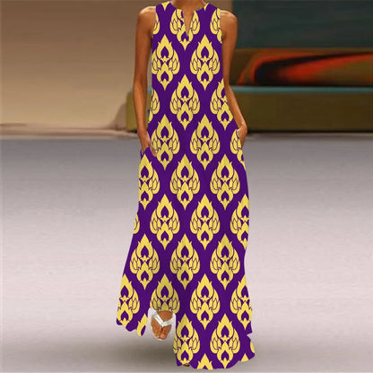 Vintage Print Maxi Dress For Women Summer Loose Sleeveless Long Dresses Elegant Lady V Neck Pocket Boho Beach Sundress Vestidos