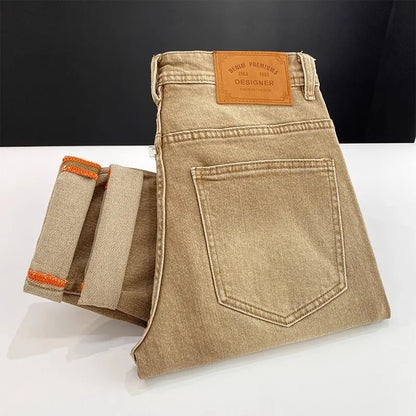 Elegant Slim Fit Men's Jeans Casual Khaki Straight Leg Elastic Fashionable City Style Summer Denim Pants Youth Wear