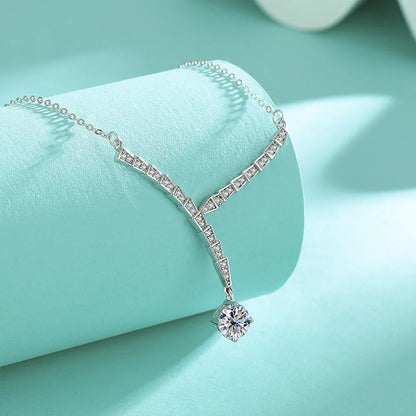 D VVS 1CT Moissanite Pendant Necklace for Women V-Shape Collarbone Neck Chain 925 Sterling Silver Lab Diamond Jewelry