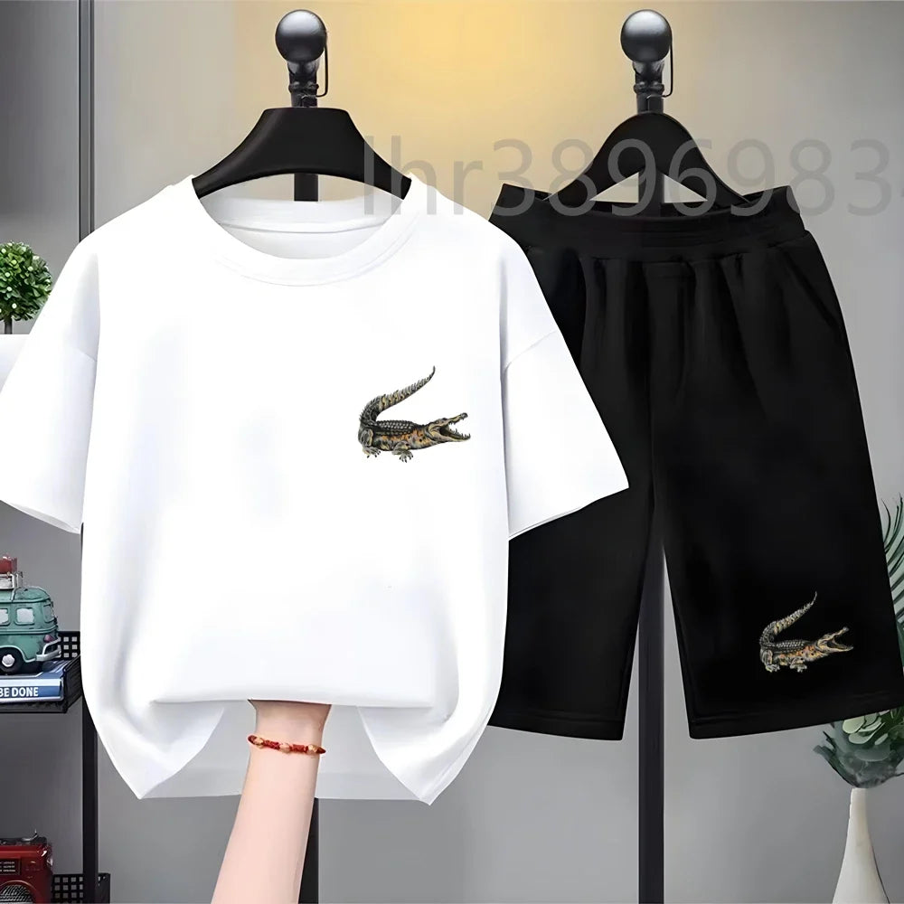 Summer Tees African crocodile print Set Suitable Children Short Sleeve Age 3-12 Girls boy Set Tshirt+Shorts 2pcs Kids clothing