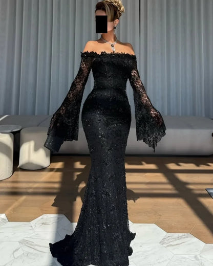 Customized Luxury Evening Dresses Off-the-shoulder Lace Sequined Beading Mermaid Prom Gown Sexy Long Sleeves Floor-length Dress