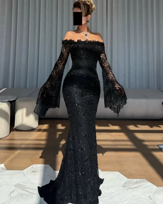 Customized Luxury Evening Dresses Off-the-shoulder Lace Sequined Beading Mermaid Prom Gown Sexy Long Sleeves Floor-length Dress