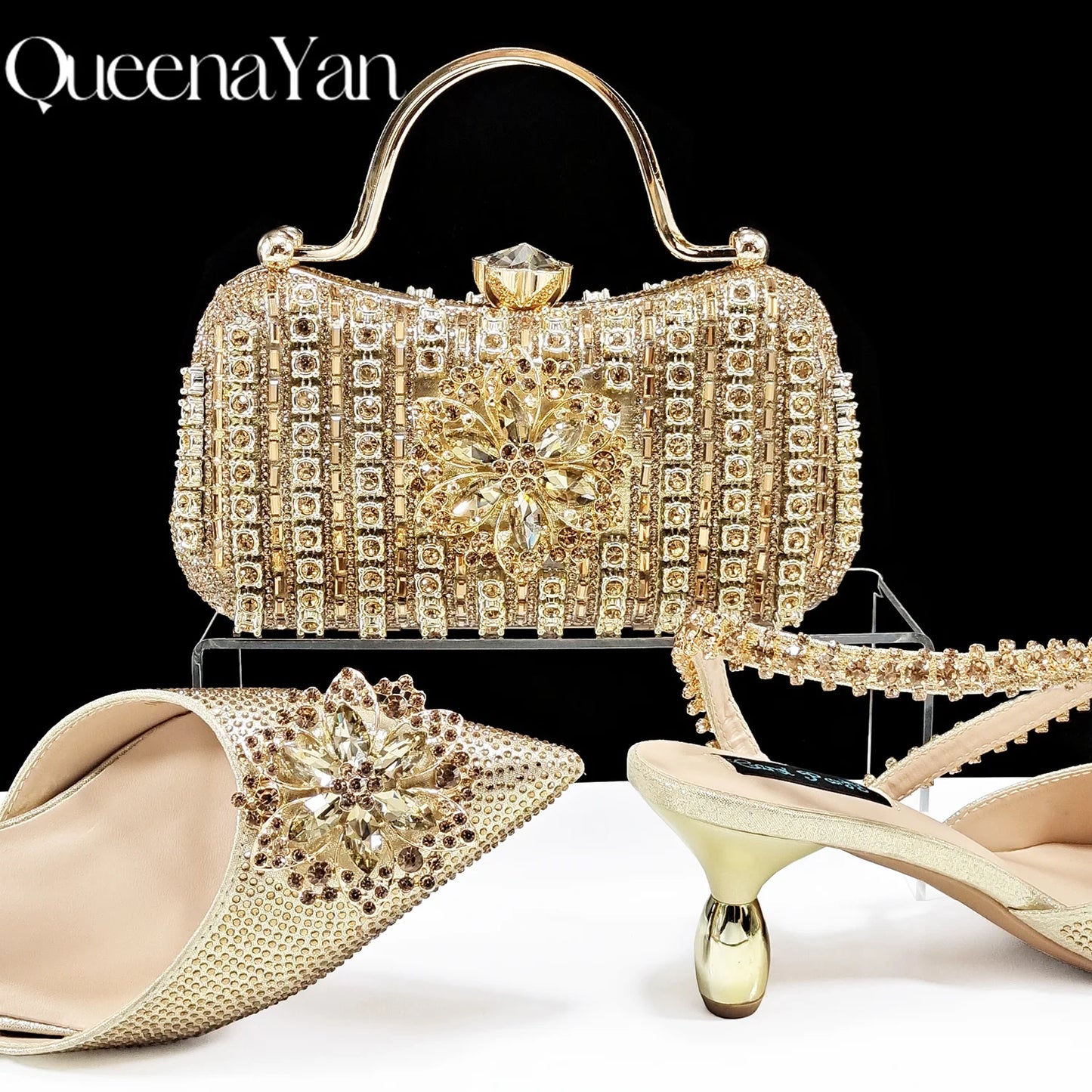 2024 Party Perfection: Rhinestone-Embellished Heels and Gold Mini Bag for Elegant Nights