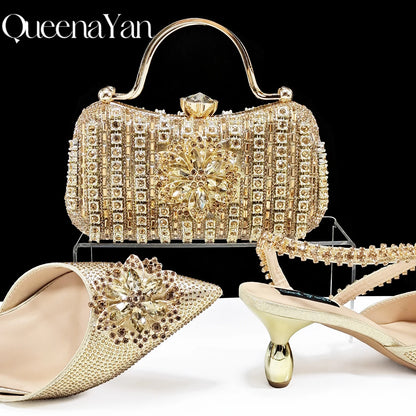 2024 Party Perfection: Rhinestone-Embellished Heels and Gold Mini Bag for Elegant Nights