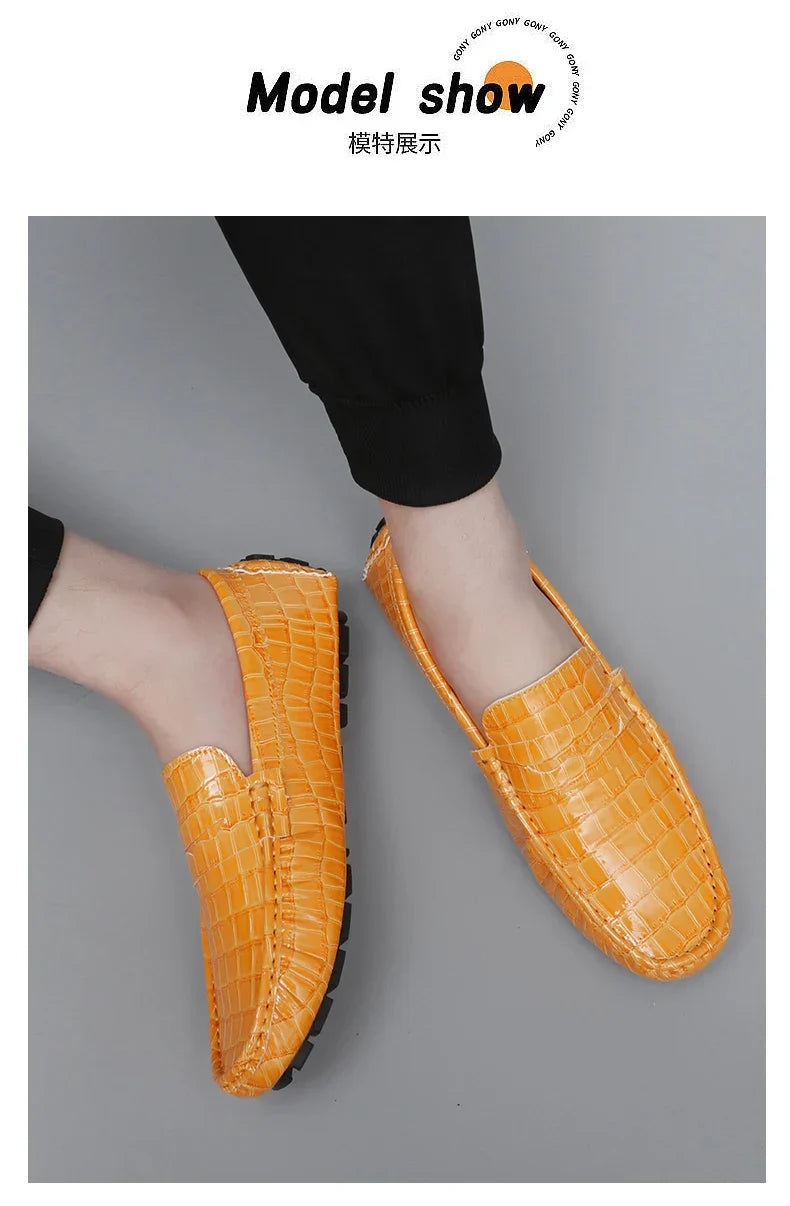 Patent Leather Loafers for Men, Crocodile Pattern, Korean Style, Trendy, Popular Casual Leather Shoes, Slip-On Loafers, Lazy Shoes