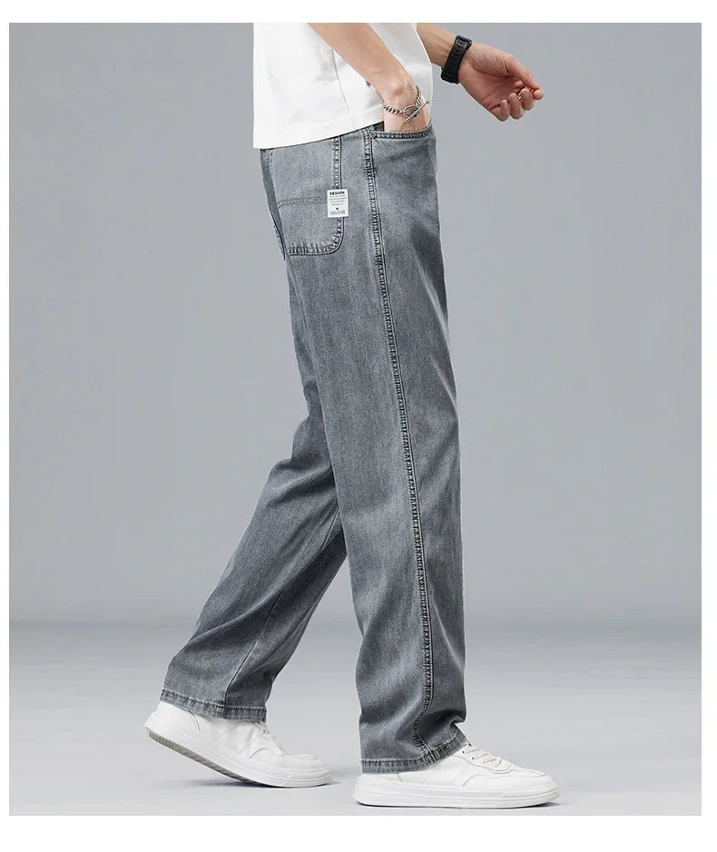Lyocell Ultra-thin Summer Men's Jeans Elastic Ice Silk Drape Soft Loose Pants Straight Casual Denim Male Clothing Trousers
