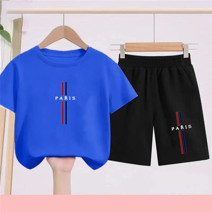 Summer Short Sleeve Children Age 3-12 Girls Boy Set White Black Tshirt+Shorts 2pcs Leisure Kids PARIS Brand Print Set