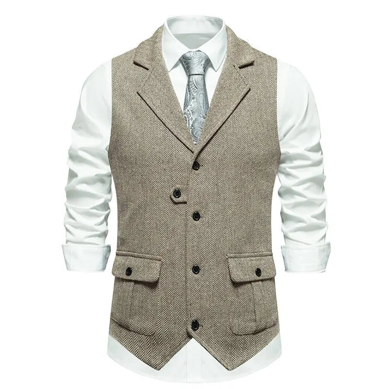 Tailored Collar Vest for Men Single Breasted Herringbone Tweed Suit Vest Mens Formal Striped Waistcoat Punk Groomsmen Wedding