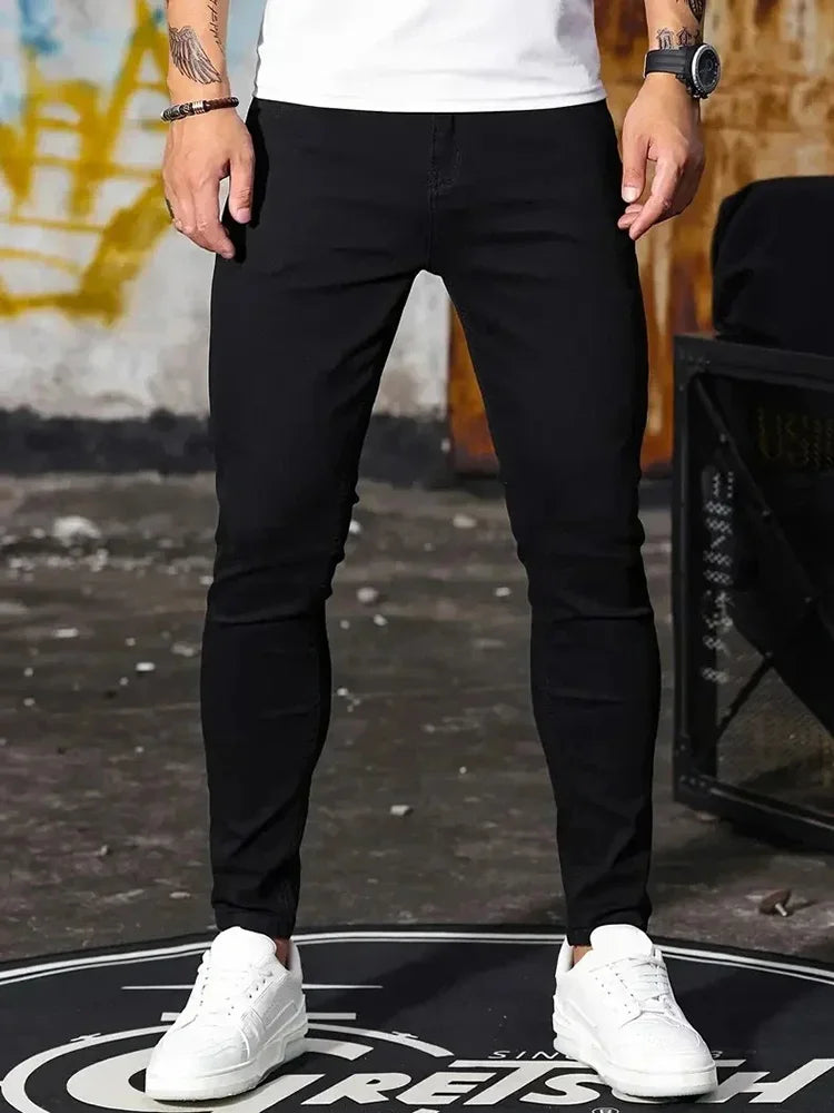 Men Jeans Stretch Skinny Denim Pants Solid Color Black Blue Spring Luxury Street Harajuku Hip-Hop Style Slim Fit Trousers Brand