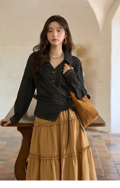 Autumn Retro Black Imitation Denim Shirt 2025 Side Lace-up Solid Shirts Lapel V-neck Retro Button Casual Tops MXE42C2374