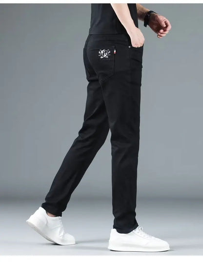 Korean Man Designer Clothes 2025 White Jeans Men Spring Autumn Printed Students Slim Stretch Pencil Pants Workwear Long Trousers
