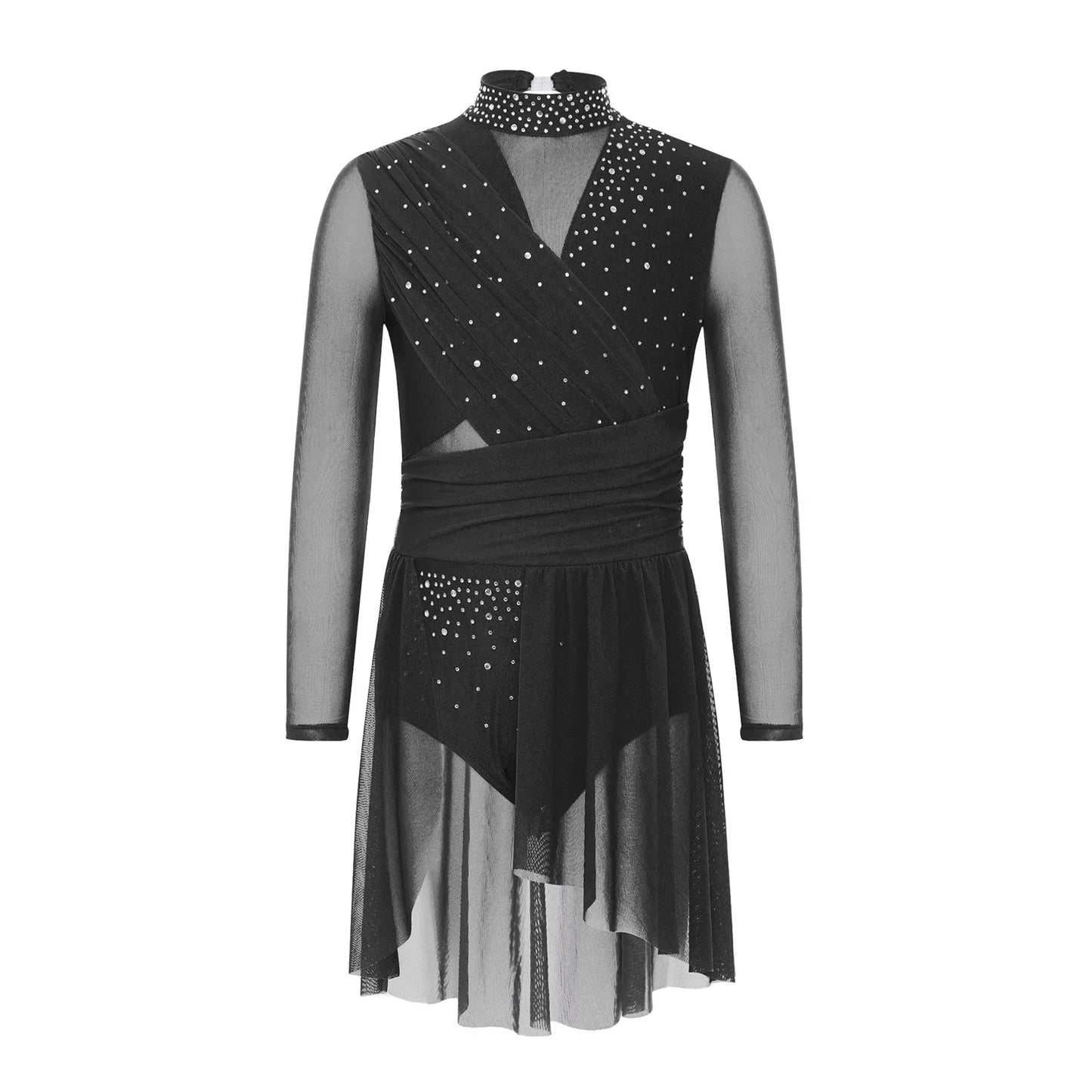 Kids Girls Gymnastics Figure Skating Ballet Lyrical Dance Costume Dress Side Split Sheer Mesh Ruched Glittery Rhinestones Dress