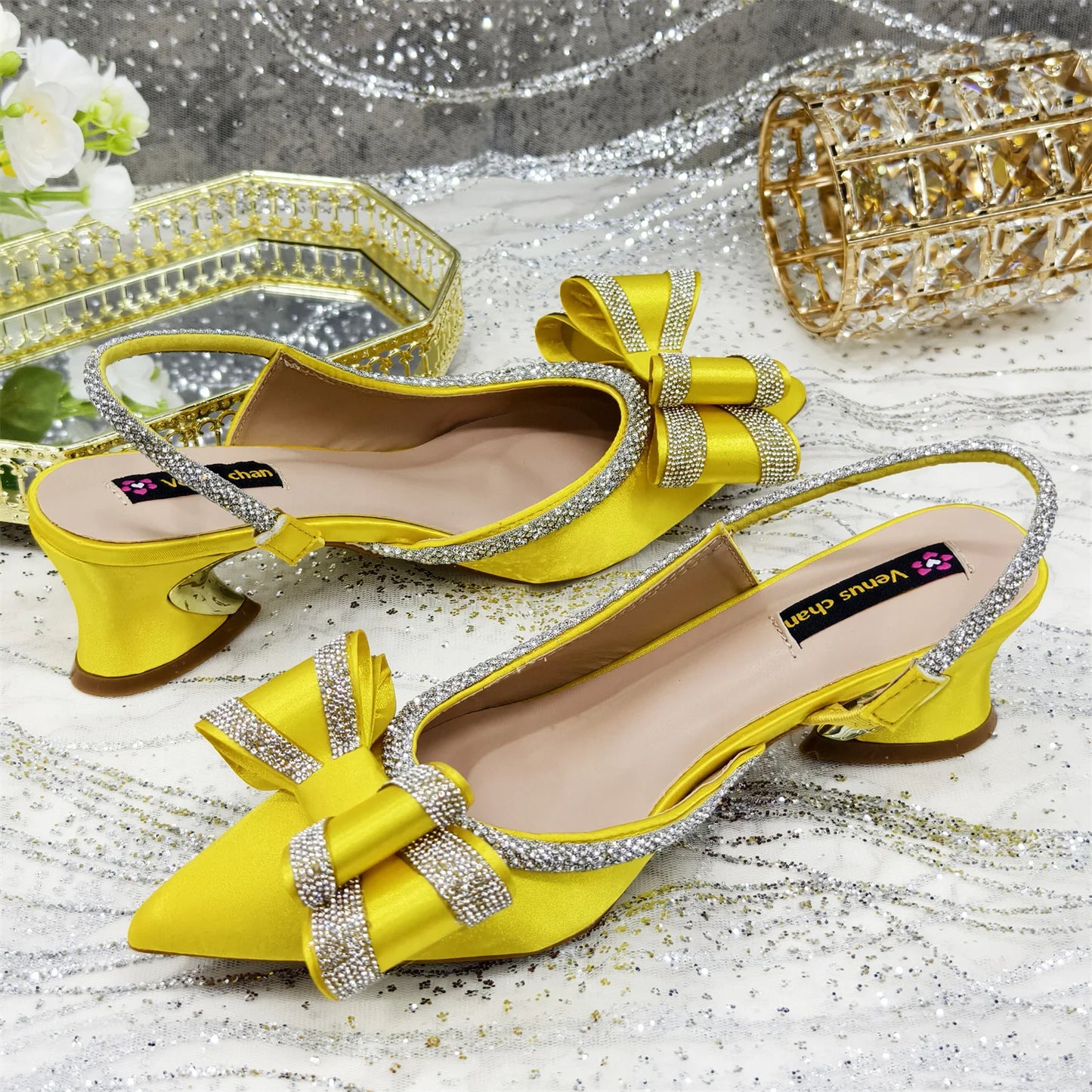 Elegant Gold Satin Rhinestone Bow Slingback Heel & Clutch Bag Set, Women Bridal Matching Kit For Wedding Party Evening Prom Form
