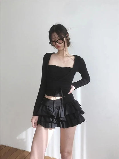 Y2k Lolita Mini Cake Skirt Soft Girl low Waist Ruffle Fluffy Fairy Skirts Summer Kawaii Cute Elegant Short Skirt Black