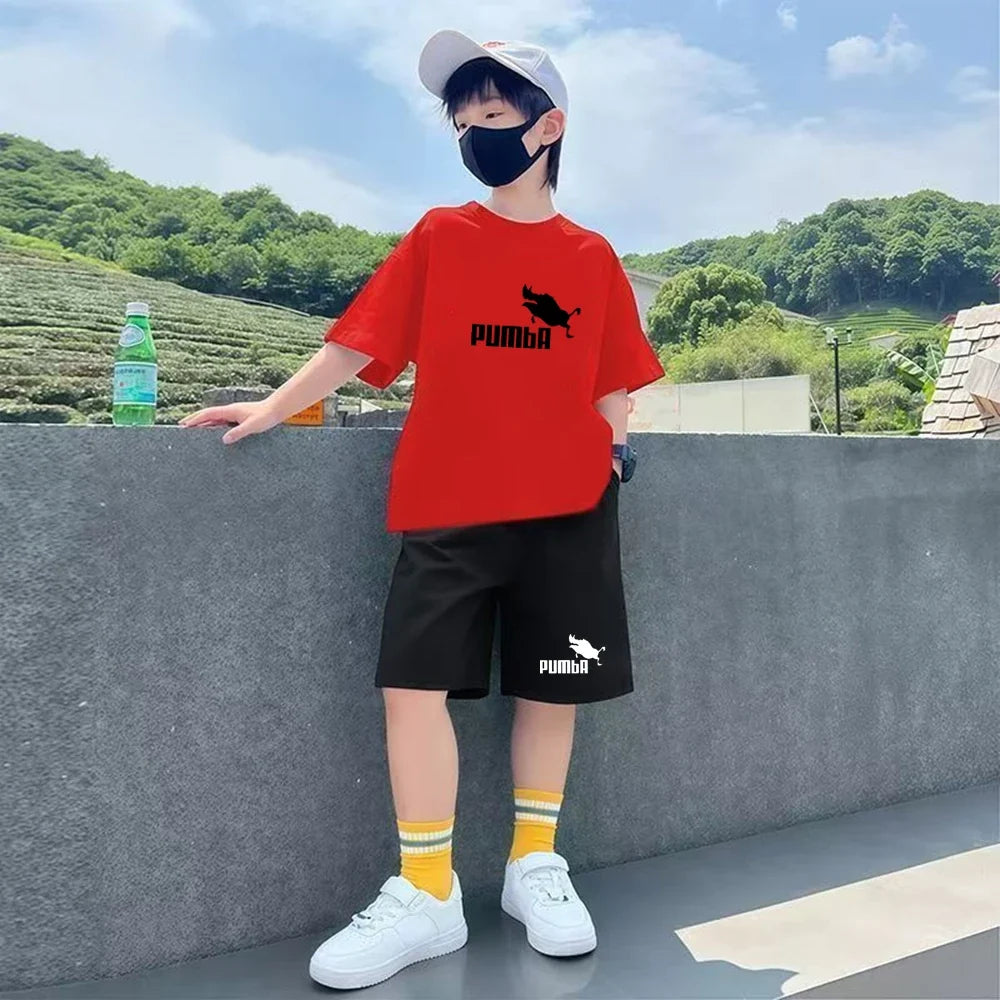 Summer Rabbit Graphics Boys Black Girls Pink Age 3-12 Tee+Shorts Suit Children Short Sleeve T-shirts Child  Casual Clothes