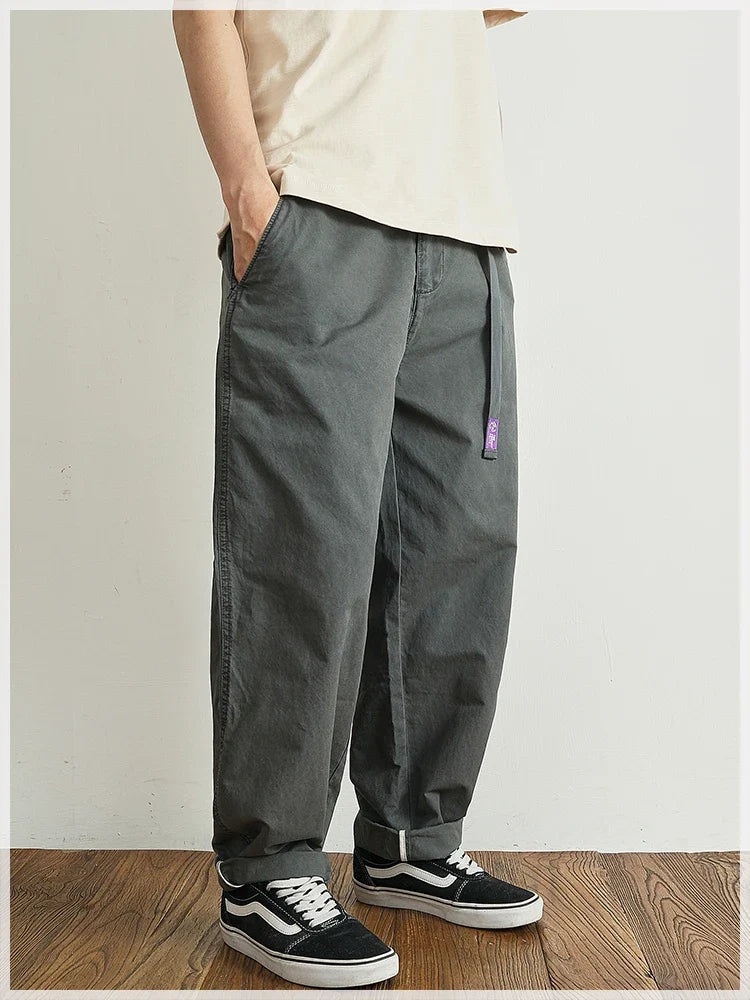 Summer thin casual pants men's straight straight tube loose conical overalls all cotton wash re-engraved purple mark daddy pants