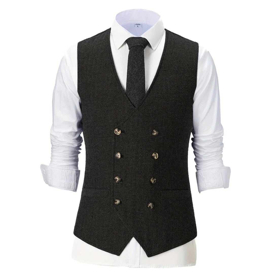 Men Vest Chanpagne Herringbone Double Button V Neck Waistcoat For Wedding Party Business Work Office Daily Casual Men Suit Vest