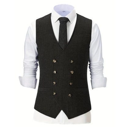 Men Vest Chanpagne Herringbone Double Button V Neck Waistcoat For Wedding Party Business Work Office Daily Casual Men Suit Vest
