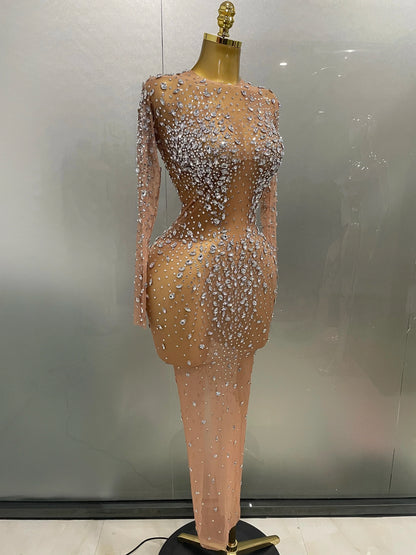 Sexy Shinny Rhinestone Stretch Mesh Transparent Long Dress 2025New Women Evening Birthday Party Prom Nightclub Singer Stage Wear