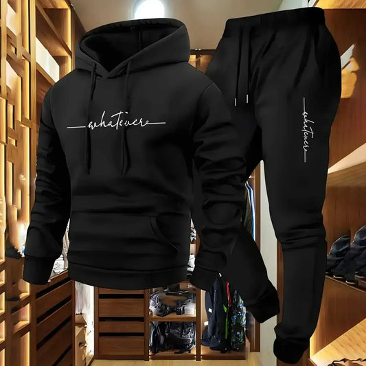 Men's Autumn and Winter Pattern Casual Two-Piece Set Hooded Sweatshirt and Pants with Pockets Regular Fit Outdoor Sport Suit