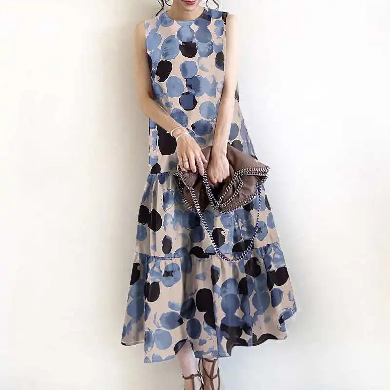 2024 ZANZEA Bohemian Sleeveless Summer Dresses Women Floral Printed Sundress Fashion Casual Ruffles Hem Long Vestido Robe Femme