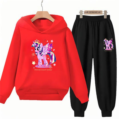 Unicorn Pony Hoodie Kids 3-12 Years Boys Girls Red Casual Tops+Pants Sets Children Long Sleeves Autumn Fashion Clothes