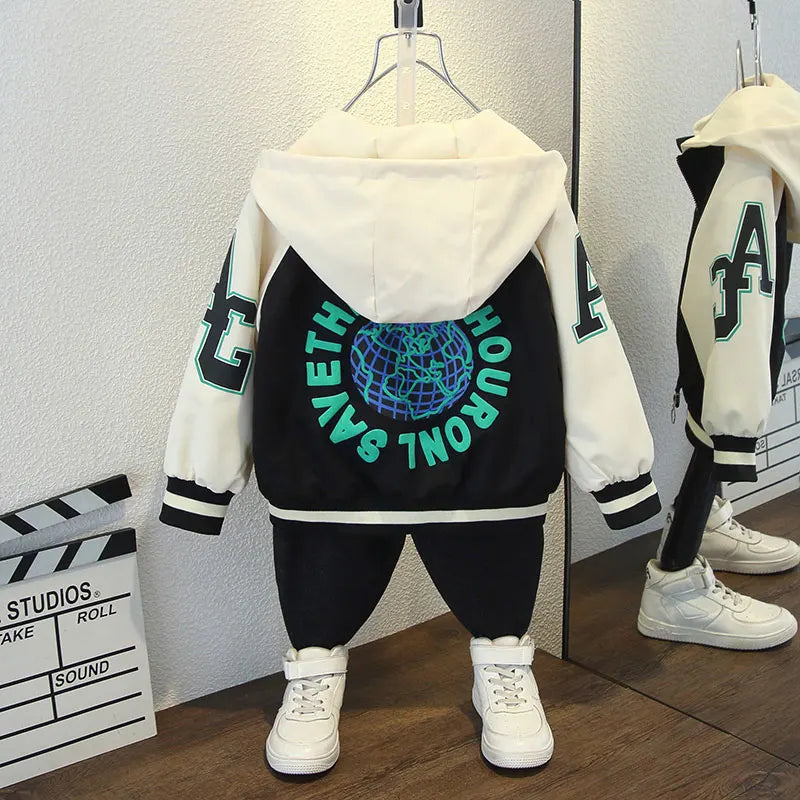 Fashion Boys Color Block Baseball Jacket 2025 Spring Autumn Baby Girl Letter Print Casual Hooded Zipper Coats Kid Clothes 2-12 Y