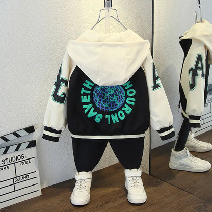 Fashion Boys Color Block Baseball Jacket 2025 Spring Autumn Baby Girl Letter Print Casual Hooded Zipper Coats Kid Clothes 2-12 Y