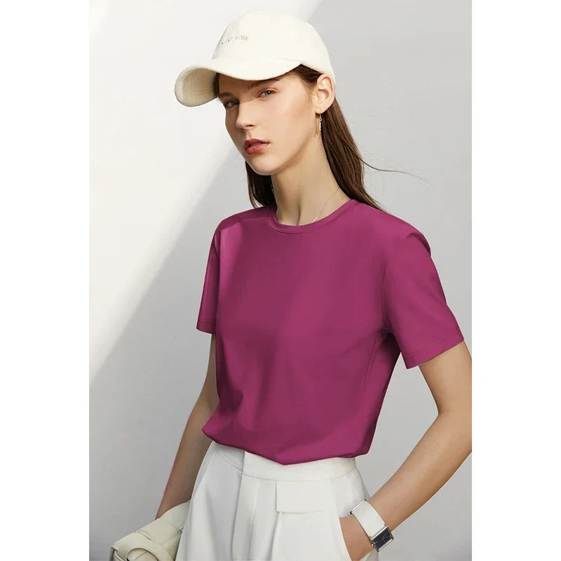 Minimalism Women T-shirts 2024 Summer New Casual Basic O-Neck Slim Short-sleeve Female Dopamine Color Solid Tees 12442327
