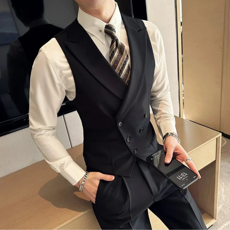 Man Waistcoat British Style Turn Down Collar Men Suit Vest Slim Sleeveless Single-breasted Male Business Casual Vest