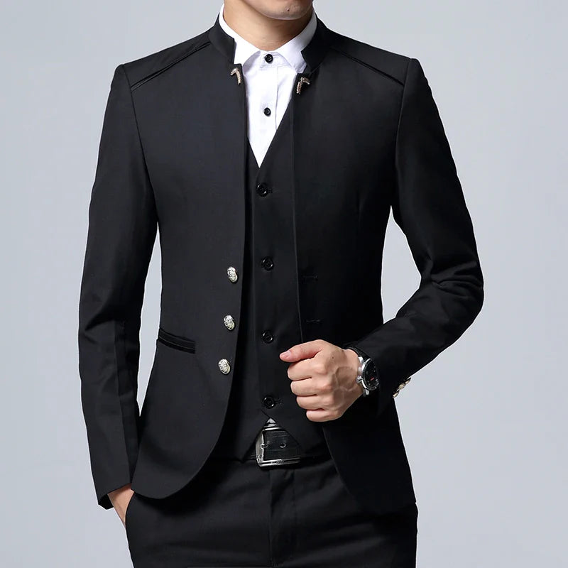 Black Stand Collar Men's 3-Piece, Wedding Party Blazer Jacket and Vest with Pants, Blue Asian Size Slim Fit Sets.
