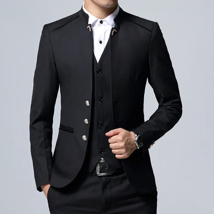 Black Stand Collar Men's 3-Piece, Wedding Party Blazer Jacket and Vest with Pants, Blue Asian Size Slim Fit Sets.