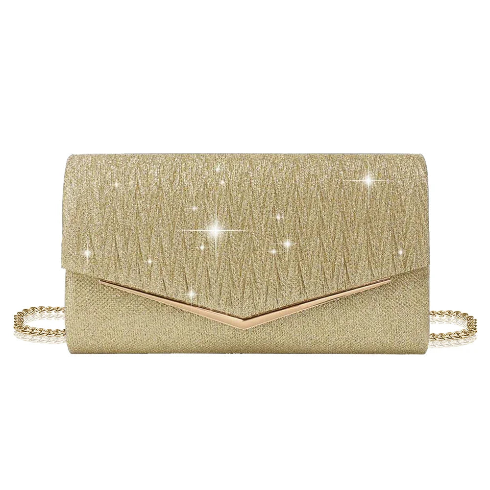 Elegant and Lightweight Pleated Metal Strip Flap Party Women's Clutch, Exquisite and Charming Women's Business Bag, Shiny Metal Strip Flap Women's Evening Bag and Fashionable Small Square Bag, Complete with a Gorgeous Rhinest