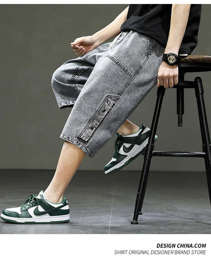 Big Size Denim Shorts Men Summer Streetwear Fashion Male Jean Shorts Y2k Baggy Plus Size 3/4 Long Black Wide Leg Korean Style