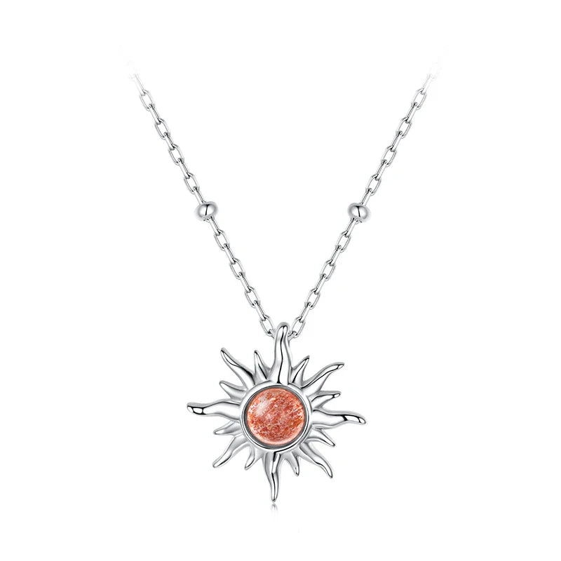 925 Sterling Silver Golden Sun Necklace Natural Sunstone Gem Pendant Necklace Beads Link Chain Women Mother Lucky Gift