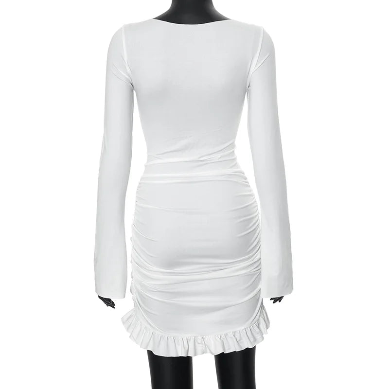 Ruched Bodycon Dress Women Sexy Long Sleeve Twist Ruffles Hem Mini Dresses Autumn White Elegant Club Party Short Vestidos