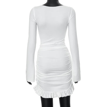 Ruched Bodycon Dress Women Sexy Long Sleeve Twist Ruffles Hem Mini Dresses Autumn White Elegant Club Party Short Vestidos
