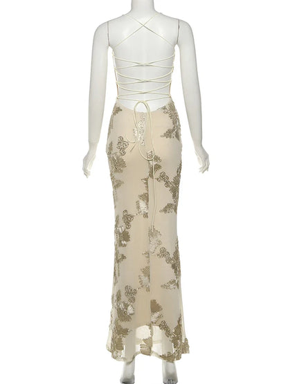 Elegant Flower Embroidery Maxi Dress Women Low-Neck Cross Bandage Backless Summer Street Trend Skinny Holiday Vestidos