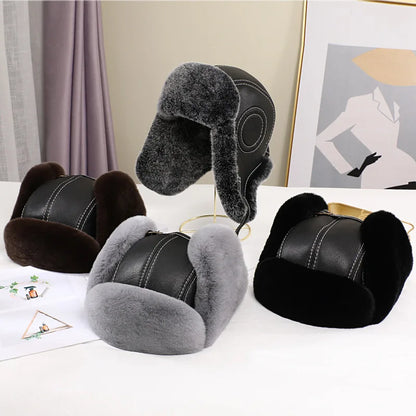 2026  Winter Men's 100% Real Rex Rabbit Fur Bomber Hat Ushanka Cap Trapper Russian Man Ski Hats Caps Real Sheepskin Leather