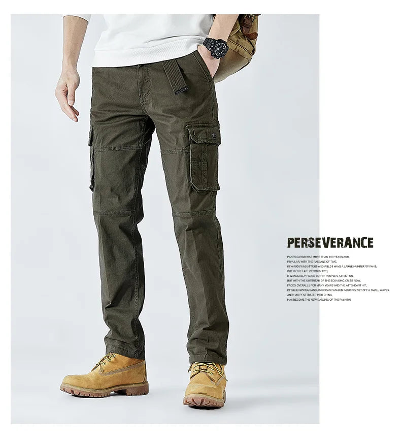 2026 Men's Cargo Pants Straight Leg Cotton Stretch Tactical Trouser Male Military Outdoor Camping Fishing Casual Work Wear Khaki