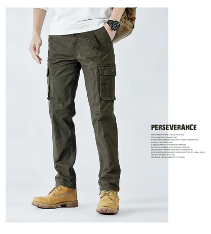 2026 Men's Cargo Pants Straight Leg Cotton Stretch Tactical Trouser Male Military Outdoor Camping Fishing Casual Work Wear Khaki