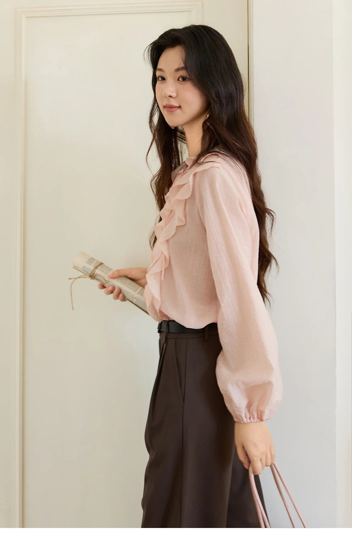 Pink Ruffled Blouse for Woman 2025 Autumn New Elegant Sweet V-neck Lace-up Design Shirt Lantern Sleeves Top MXE49X2504