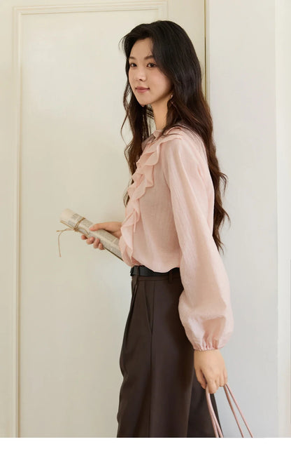 Pink Ruffled Blouse for Woman 2025 Autumn New Elegant Sweet V-neck Lace-up Design Shirt Lantern Sleeves Top MXE49X2504