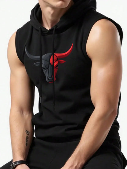 Men's Spring Summer Sleeveless Hoodie Tank, Black Red Bull Print Quick Dry Breathable Workout Vest, Gym Streetwear