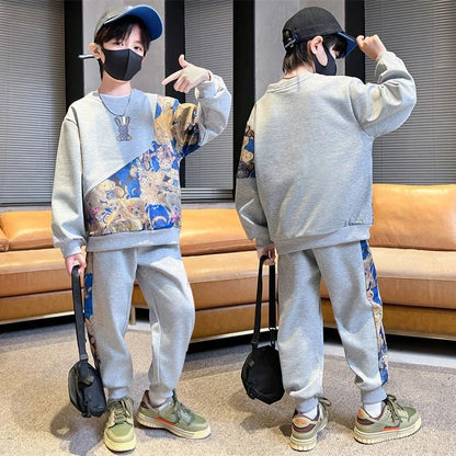 Boys Cotton Cartoon Print Patchwork Workout Sweatshirt+Sweatpant Sets Children 2PCS Tracksuit School Kids Jogging Outfits 5-16Yr