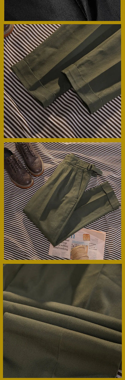 Spring and summer new silhouette leisure pants air eye olive green cotton Slim straight nine pants men
