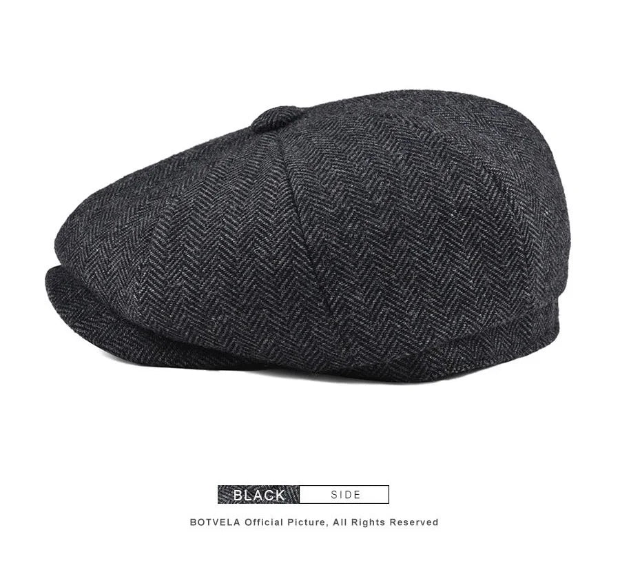 Wool Tweed Newsboy Cap Herringbone Men British Gatsby Retro Hat Driver Flat Cap for Male Vintage Herringbone Beret