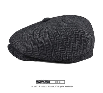 Wool Tweed Newsboy Cap Herringbone Men British Gatsby Retro Hat Driver Flat Cap for Male Vintage Herringbone Beret